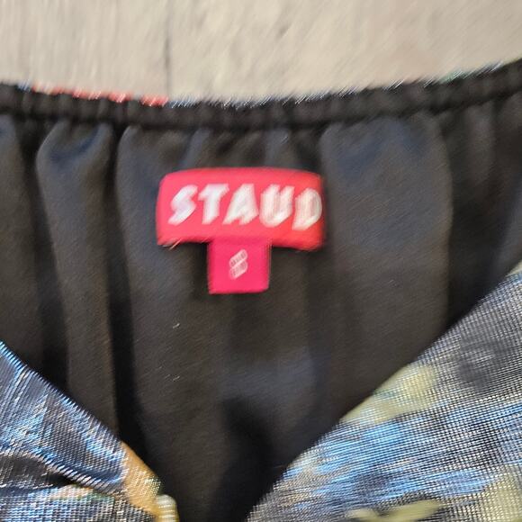 STAUD Camilla Dress  Size 8 Floral Metallic Puff Sleeve Mini Tie Front Coquette - Picture 16 of 16